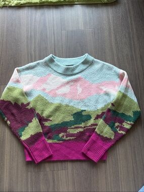 Women’s Colorblock Mountain-Scape cropped Sweater in Pink & Green
